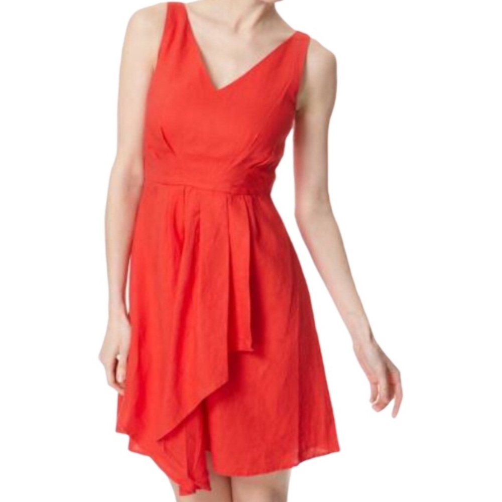 Great Plains French Connection Red Linen V Neck Asymmetric Shift Dress Small